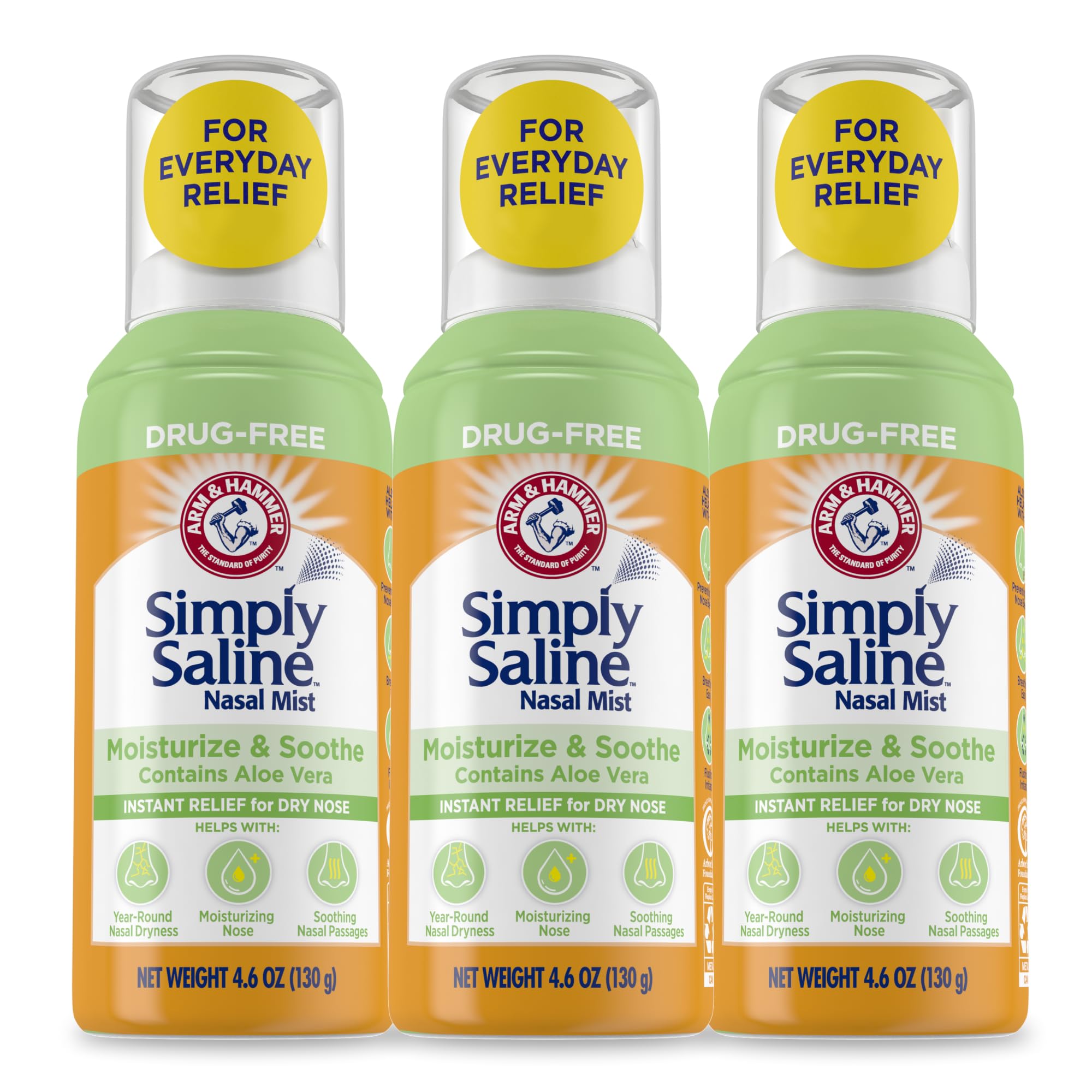 Arm & Hammer Simply Saline Mist bottle front shows a drug-free nasal moisture option.