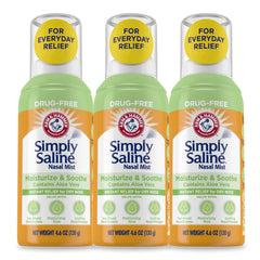 Arm & Hammer Simply Saline Mist bottle front shows a drug-free nasal moisture option.