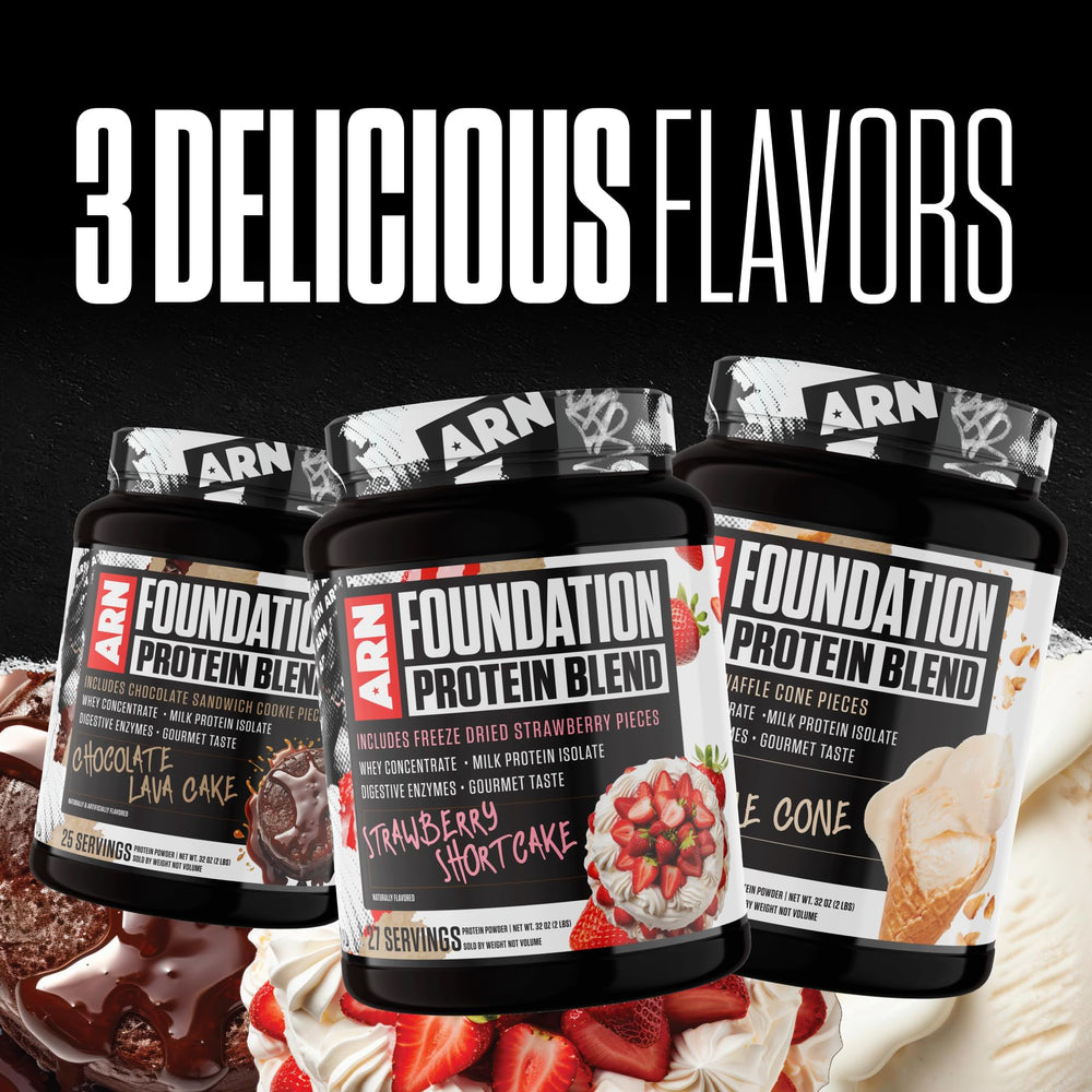 Nutrition label shows 24g protein per serving for Arms Race Foundation Protein Blend.