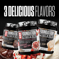 Nutrition label shows 24g protein per serving for Arms Race Foundation Protein Blend.