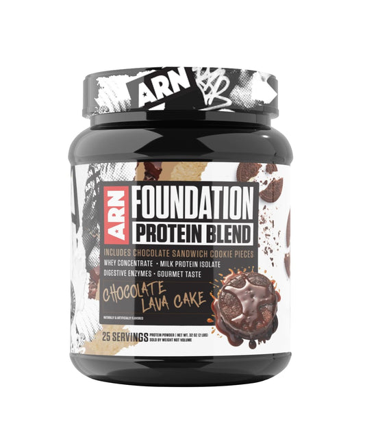 Arms Race Foundation Protein Blend packaging in Chocolate Lava Cake for convenient protein at home.