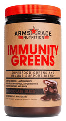 Arms Race Immunity Greens tub front showing chocolate bliss flavor for daily wellness.