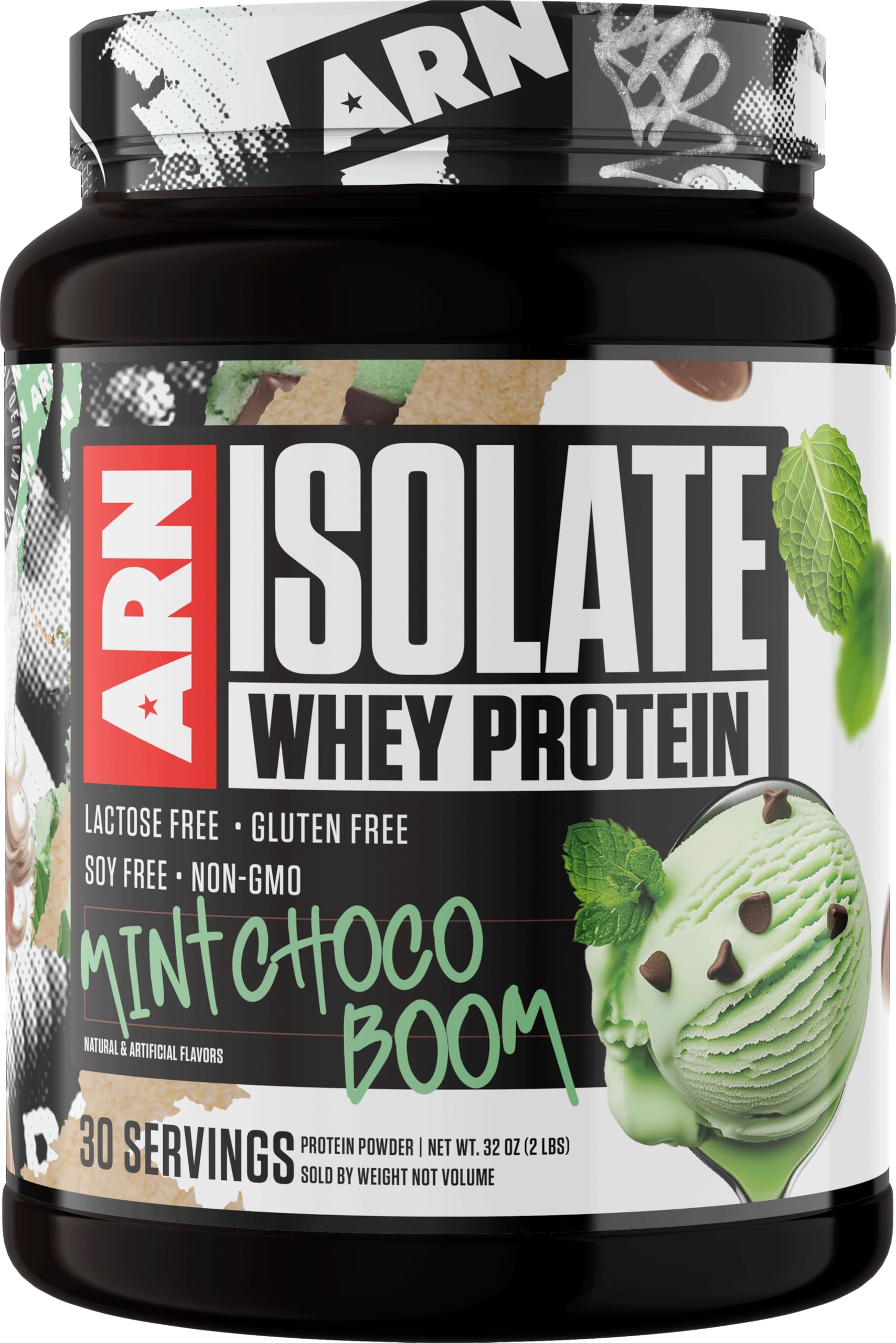 Arms Race Isolate Whey Mint Choco Boom – front view, high-protein shake option