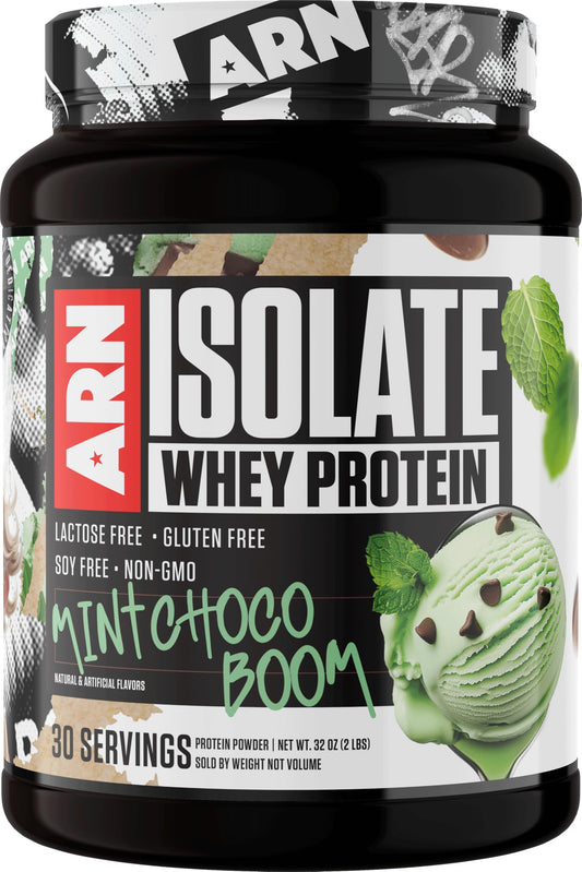 Arms Race Isolate Whey Mint Choco Boom – front view, high-protein shake option