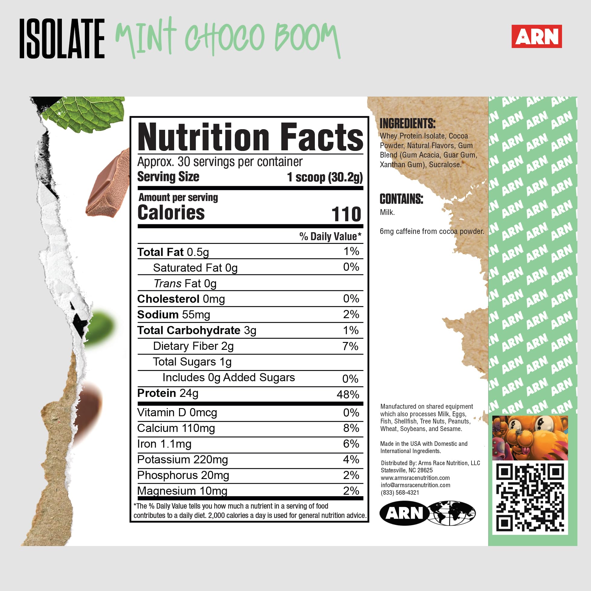 Arms Race Isolate Whey Mint Choco Boom – nutrition label close-up for macros