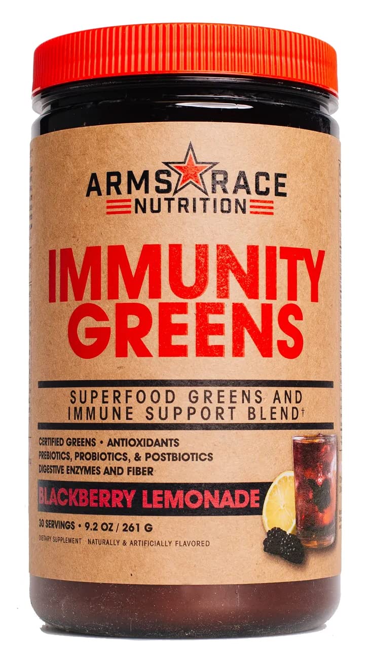 Arms Race Nutrition Immunity Greens bottle front showing blackberry lemonade flavor, tasty daily boost.