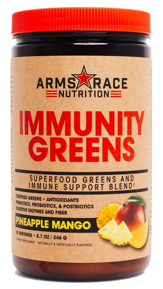 Arms Race Immunity Greens bottle pour shows pineapple mango flavor for daily immune support.