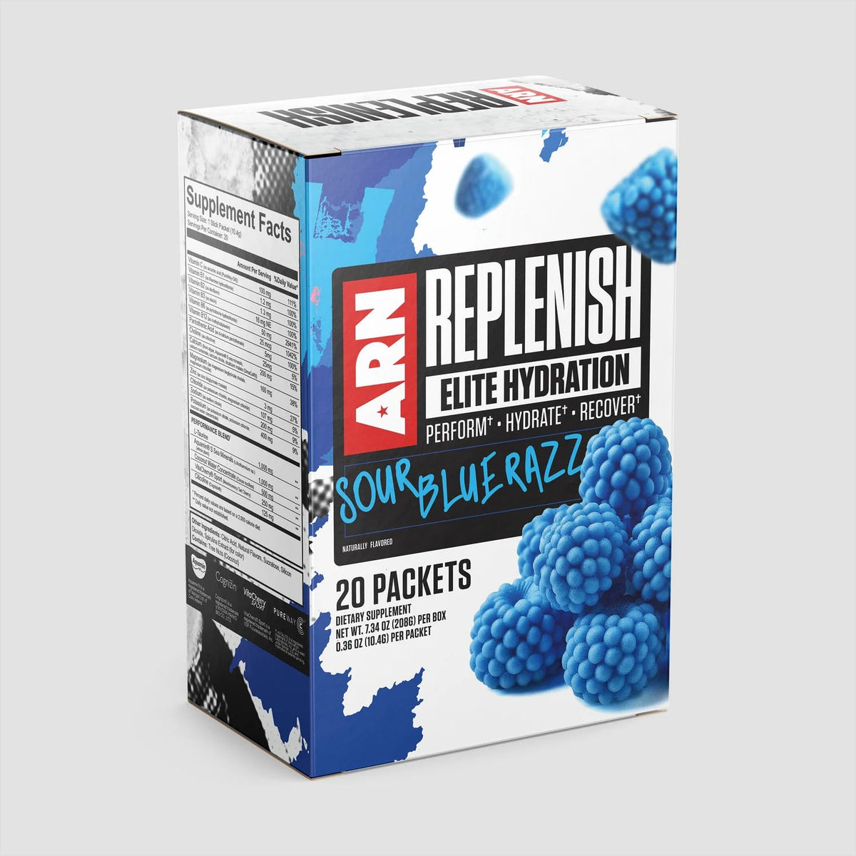 Arms Race Nutrition ARN Replenish Elite Hydration packets ready for on-the-go hydration