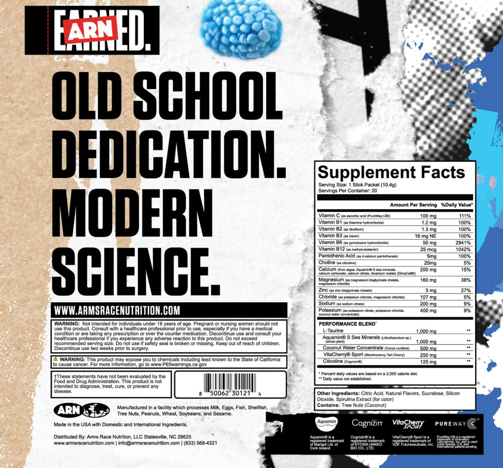 ARN Replenish Elite Hydration packets shown with a serving suggestion