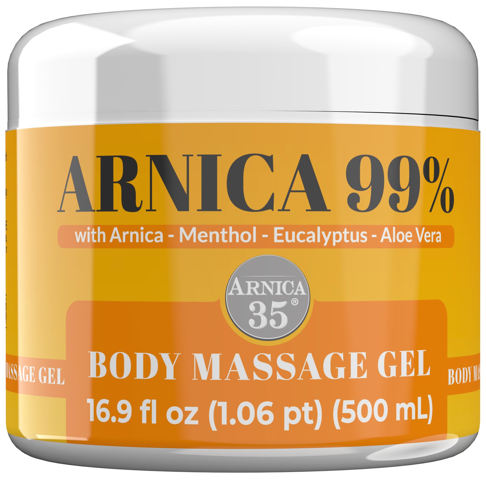 Arnica 35 bottle massage gel shows smooth glide for daily body massages.