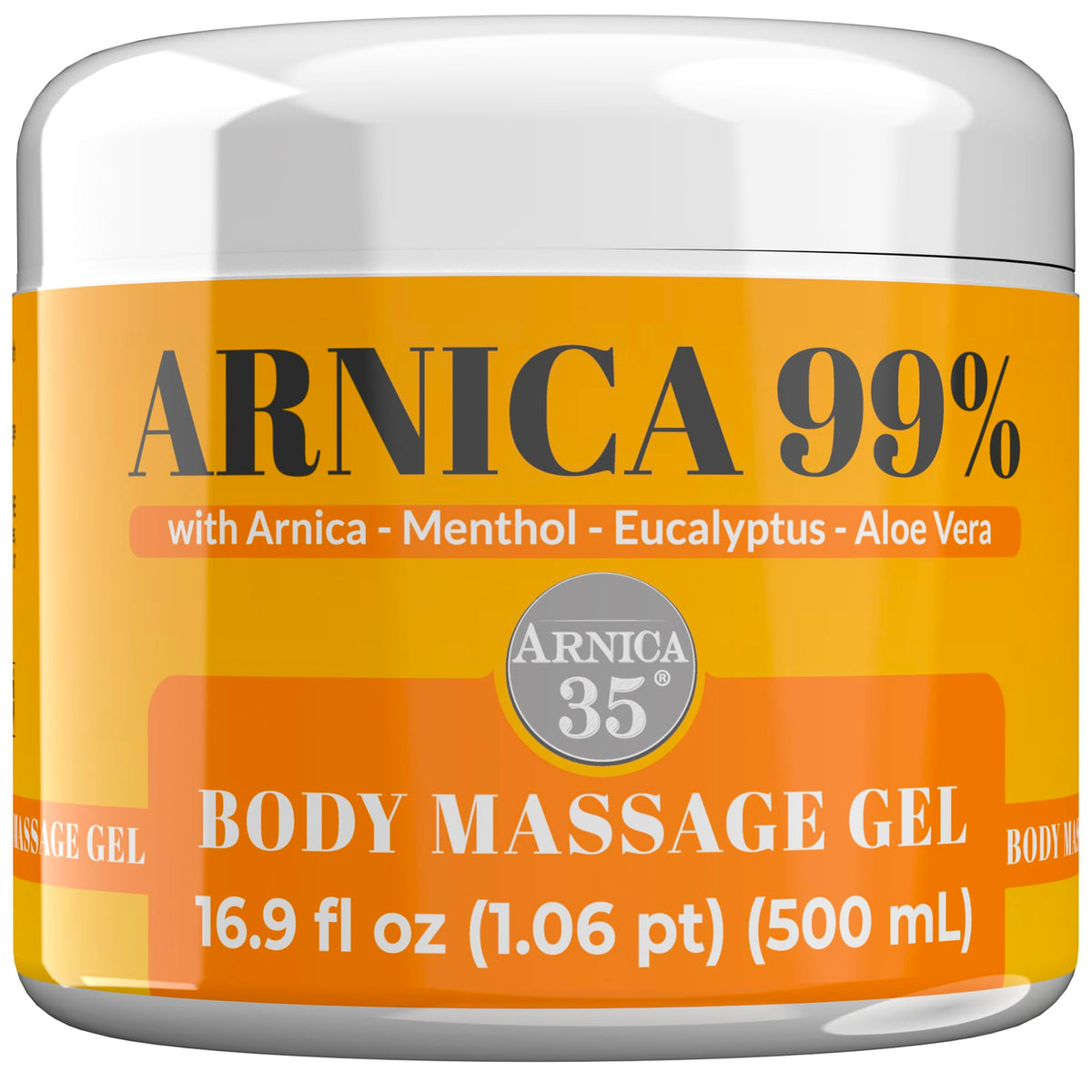 Arnica 35 bottle massage gel shows smooth glide for daily body massages.
