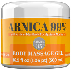 Arnica 35 bottle massage gel shows smooth glide for daily body massages.