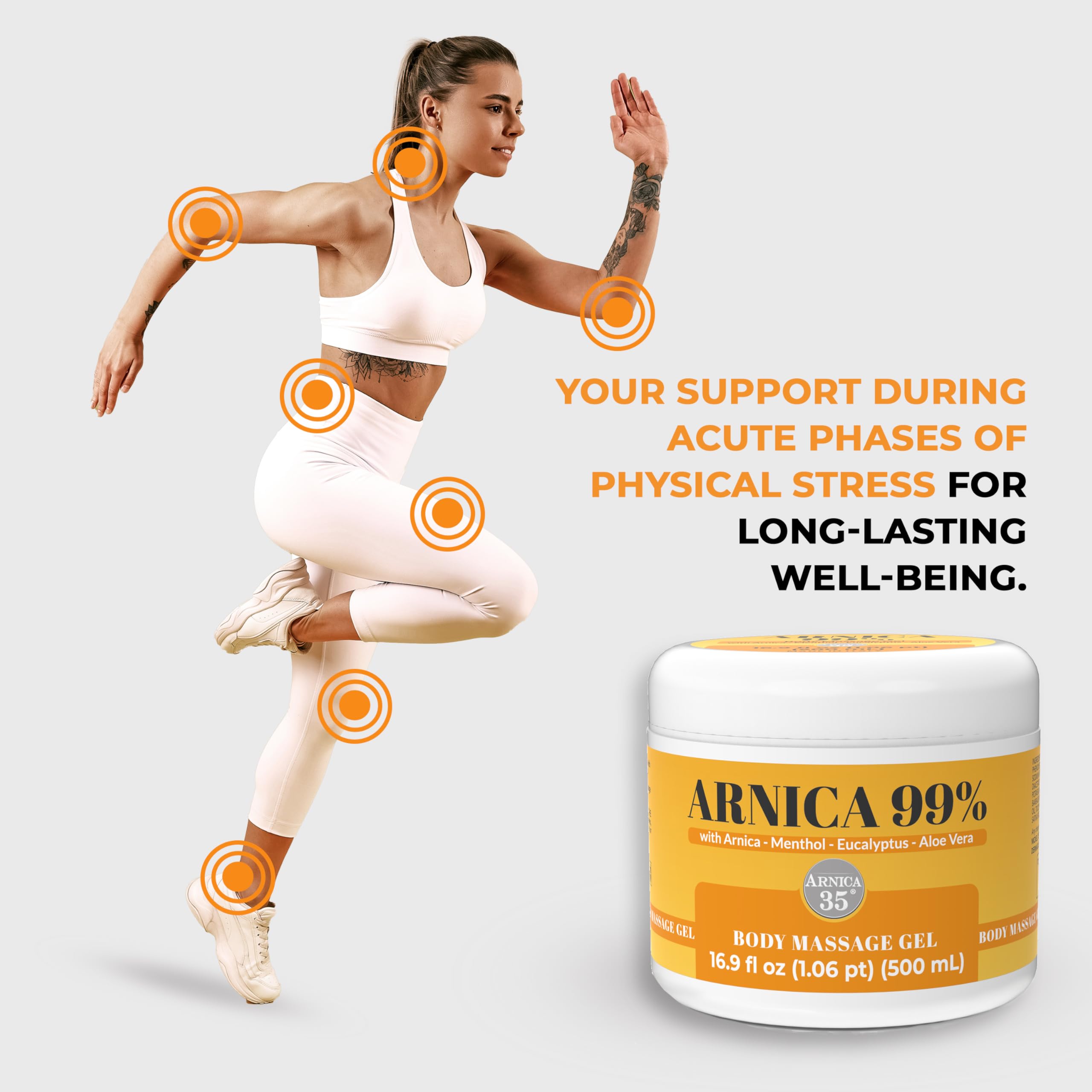 Arnica 35 clean formula highlights absence of mineral oils, dyes, silicones, and alcohol.