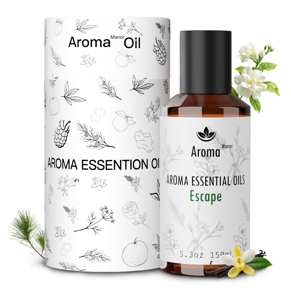 Aroma Manor Escape bottle close-up showcasing vanilla and jasmine for a cozy ambience.
