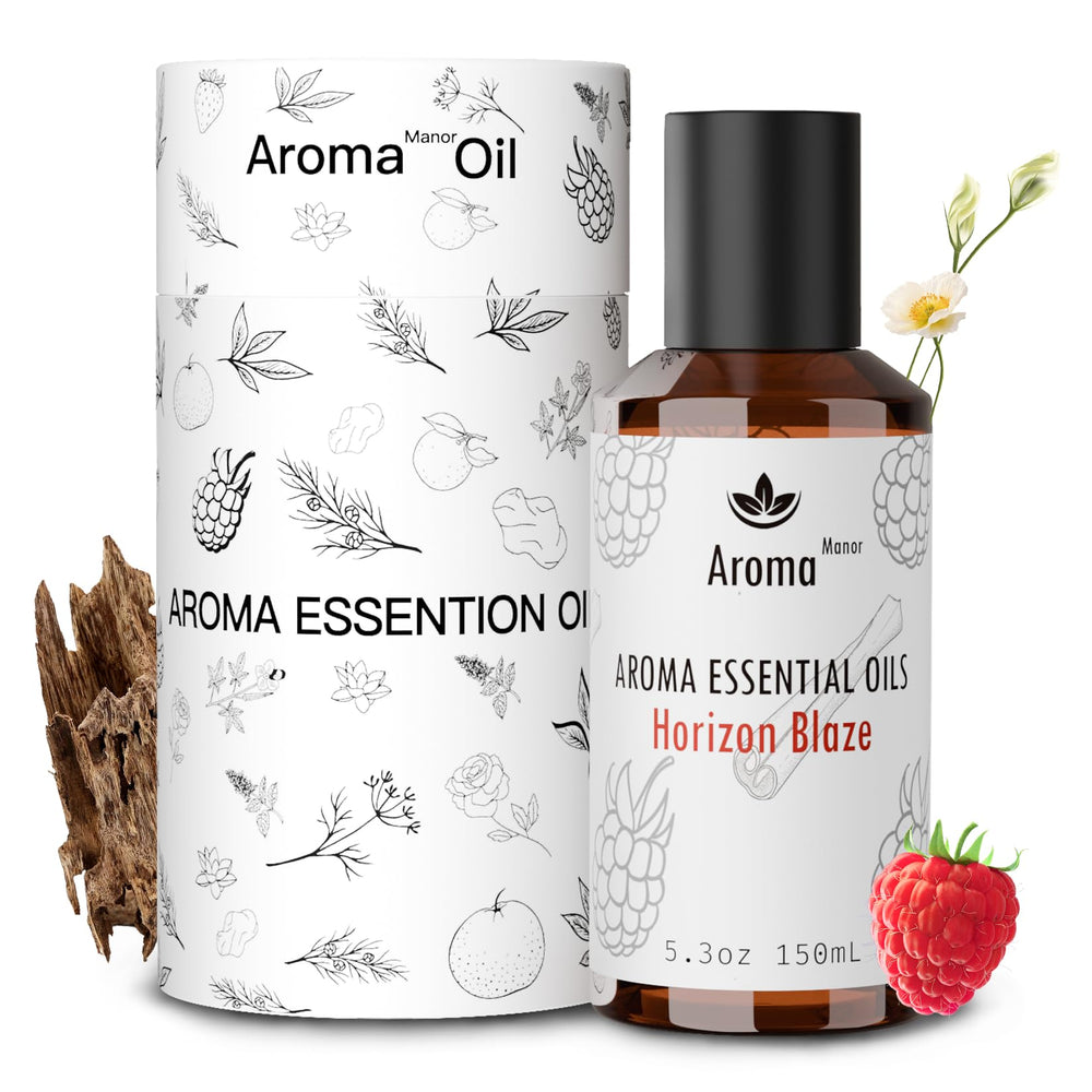 Aroma Manor Horizon Blaze bottle-front shows premium diffuser oil for hotel-inspired ambiance.