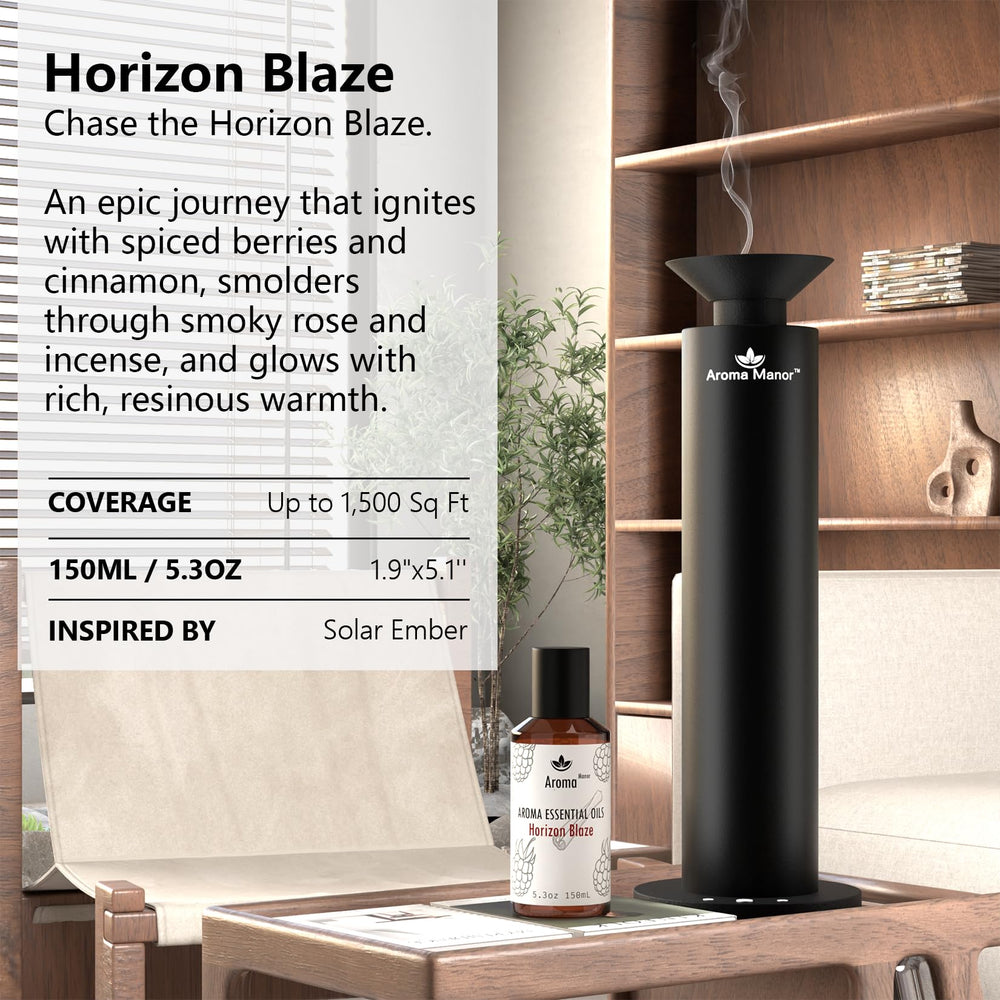 Aroma Manor Horizon Blaze label closeup highlights pure oils for clean diffusion.