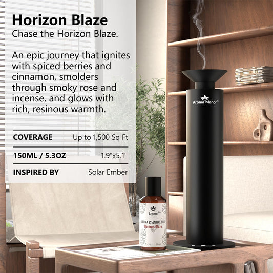 Aroma Manor Horizon Blaze label closeup highlights pure oils for clean diffusion.