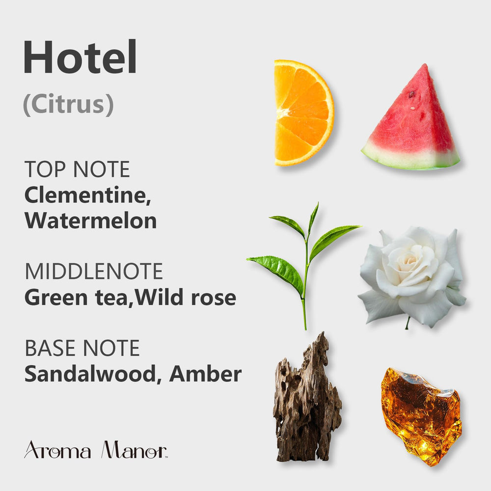 Aroma Manor Hotel Diffuser Oil amber-green-tea notes create a balanced scent profile.
