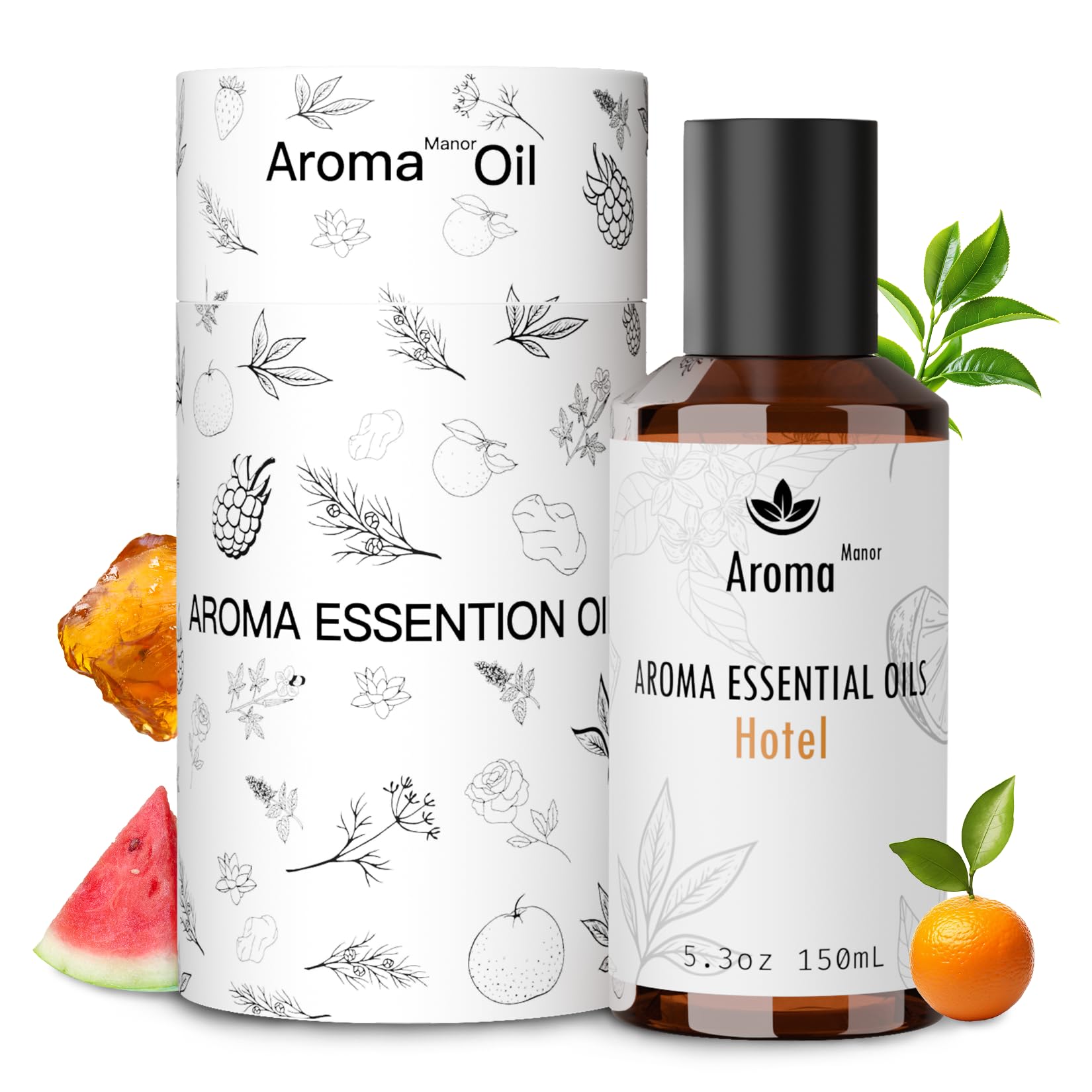 Aroma Manor Hotel Diffuser Oil bottle pour highlights Clementine and Santal notes for a fresh living room ambiance.