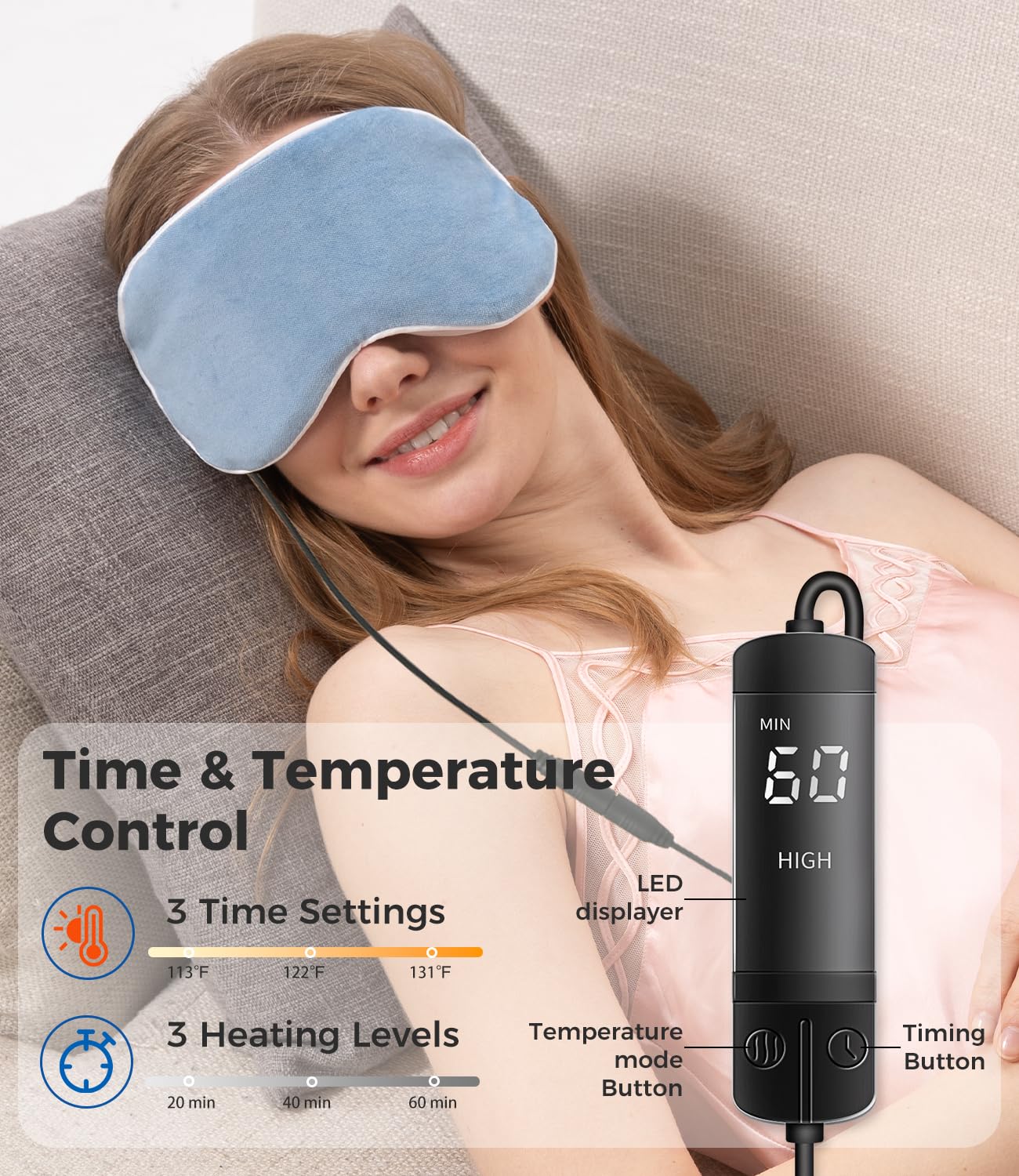 Aroma Season lavender-scented heated eye mask in use for a calming experience.