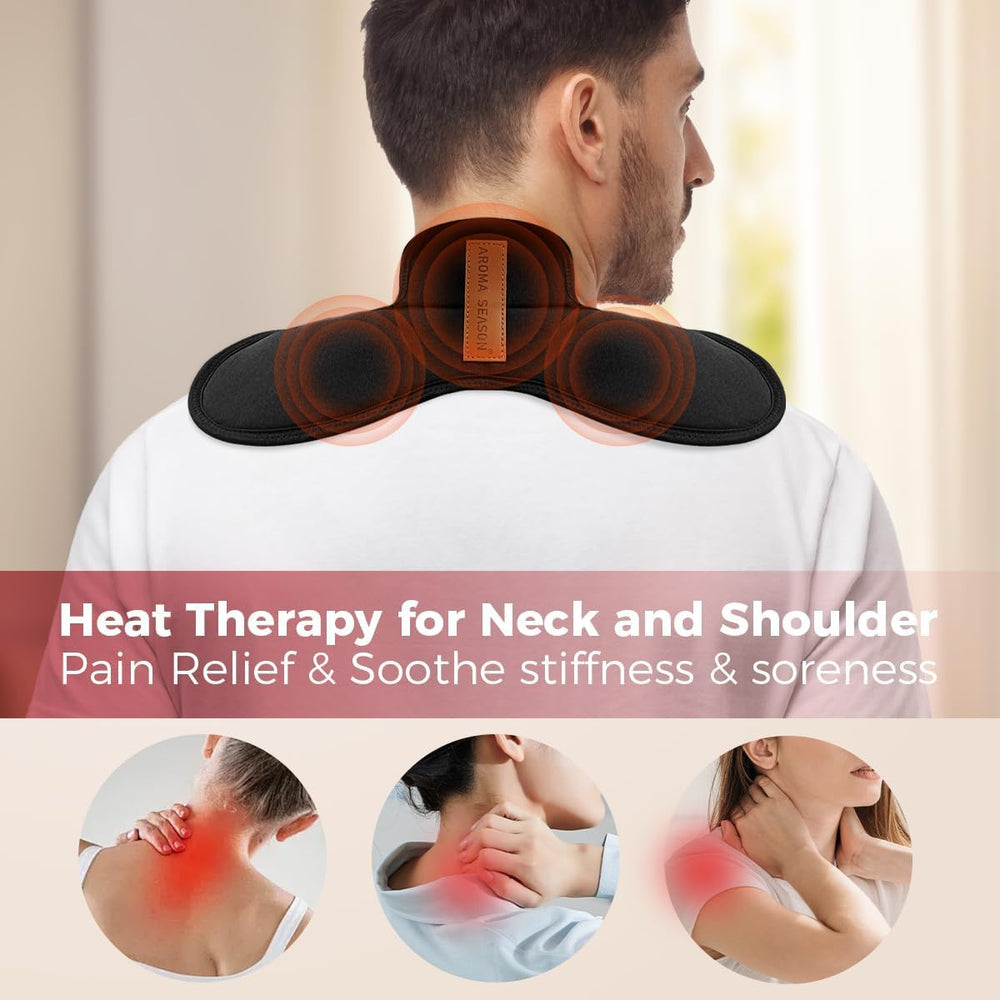 A Aroma Season heated neck wrap showing long battery life for travel.