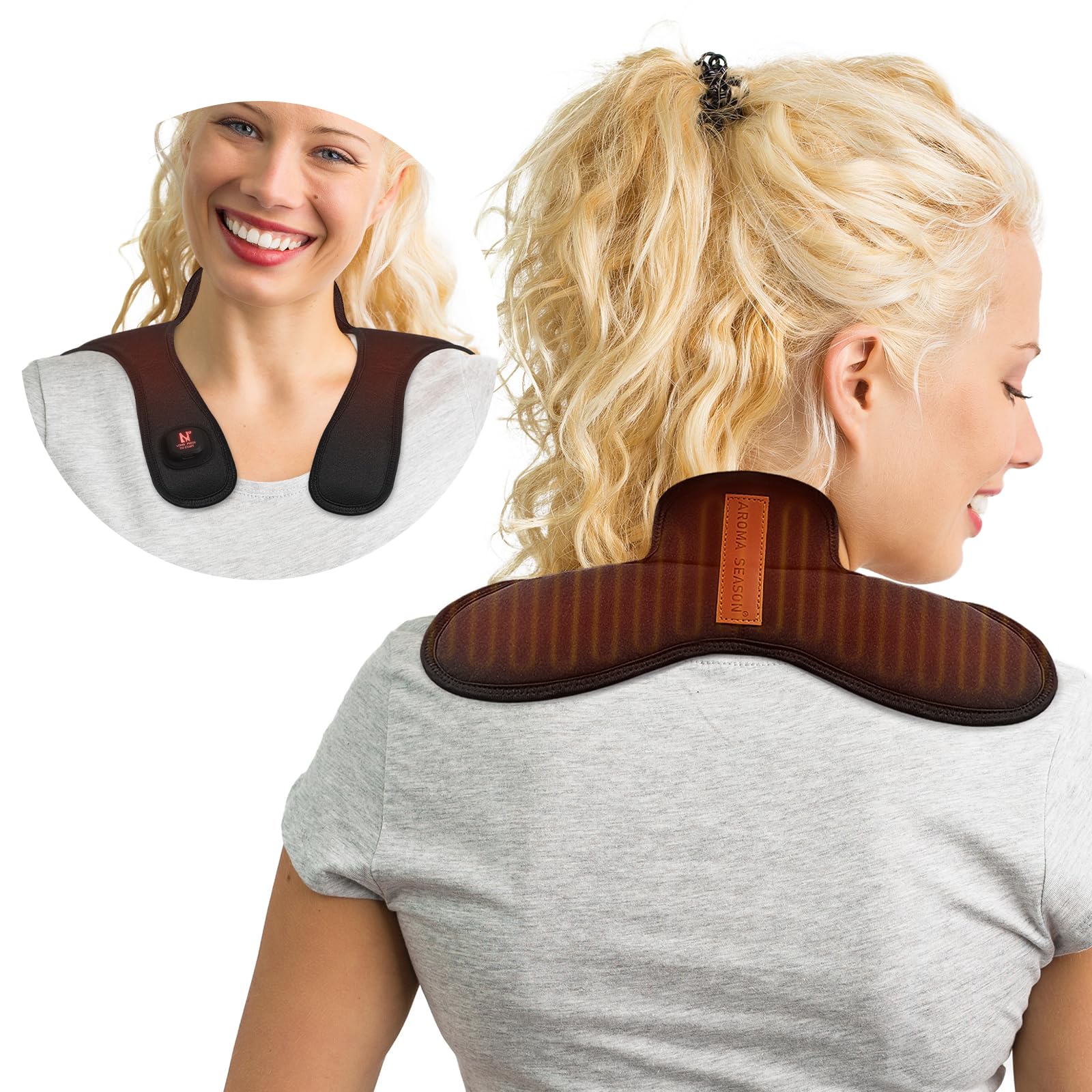 Aroma Season heated neck wrap cordless design for hands-free neck relief.