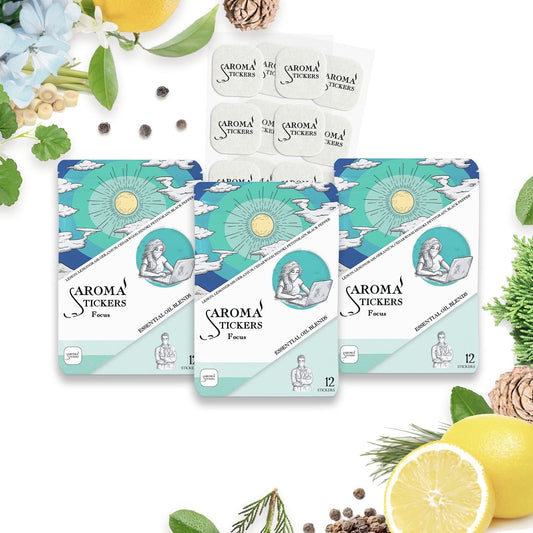 AROMA STICKERS Original Blend Focus bottle pour delivers a crisp aroma for concentration.