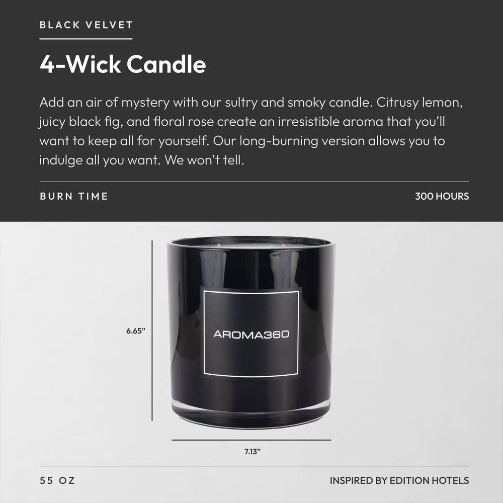 Aroma360 Black Velvet 4-Wick candle lit reveals warm glow and fragrance.