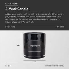 Aroma360 Black Velvet 4-Wick candle lit reveals warm glow and fragrance.