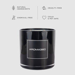 Aroma360 Black Velvet 4-Wick candle side view highlights premium craftsmanship.