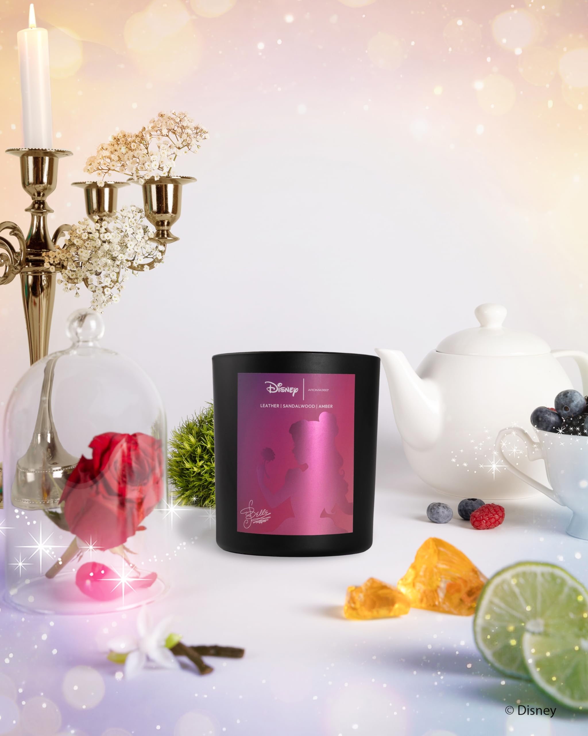 Aroma360 Disney My Way Signature Candle jar closeup for elegant ambiance and detailed artwork.