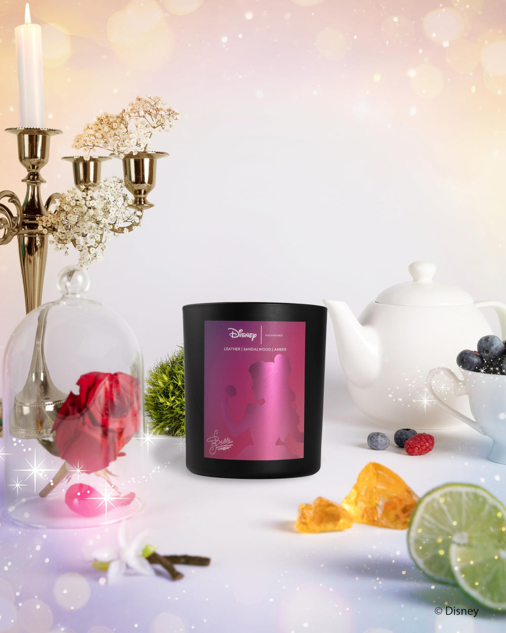 Aroma360 Disney My Way Signature Candle jar closeup for elegant ambiance and detailed artwork.