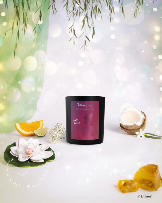Aroma360 Disney Princess Tiana artwork on candle for elegant ambiance and scent