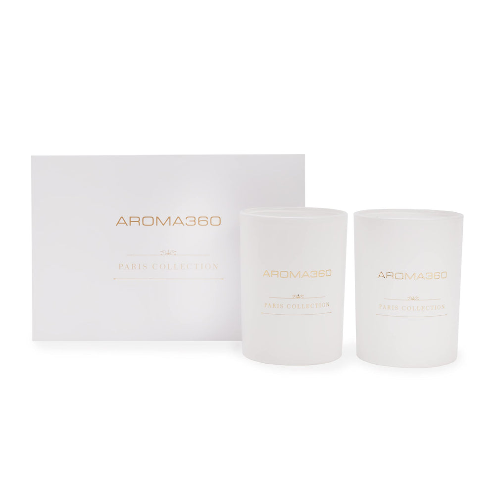 Aroma360 My Way Paris Collection candle duo unboxing with premium packaging.