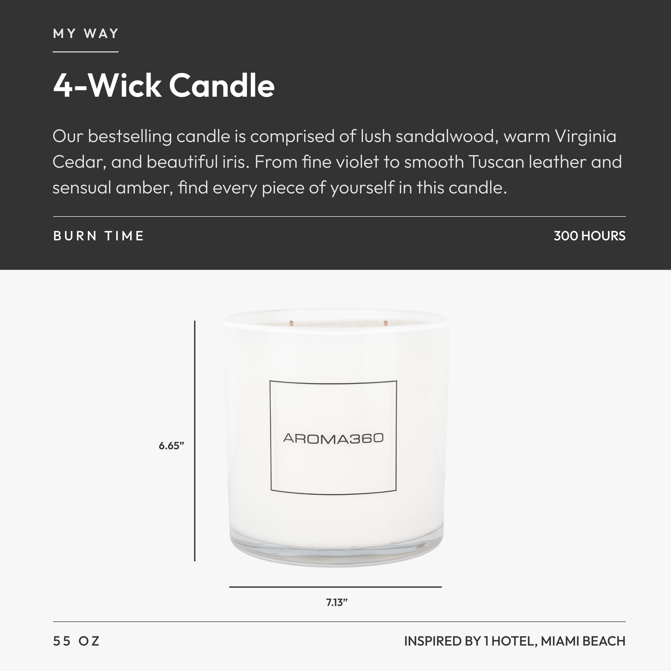 Aroma360 Santalwood Cedar Iris candle with rich notes for cozy evenings