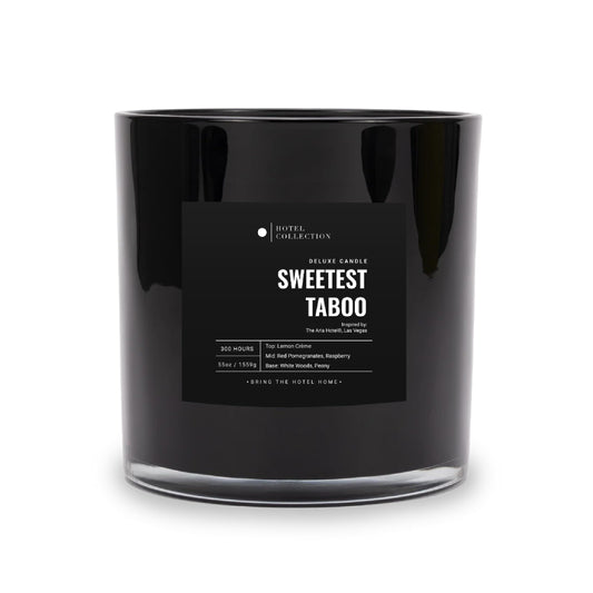 Aroma360 Sweetest Taboo Deluxe candle close-up highlighting bold hotel-inspired fragrance