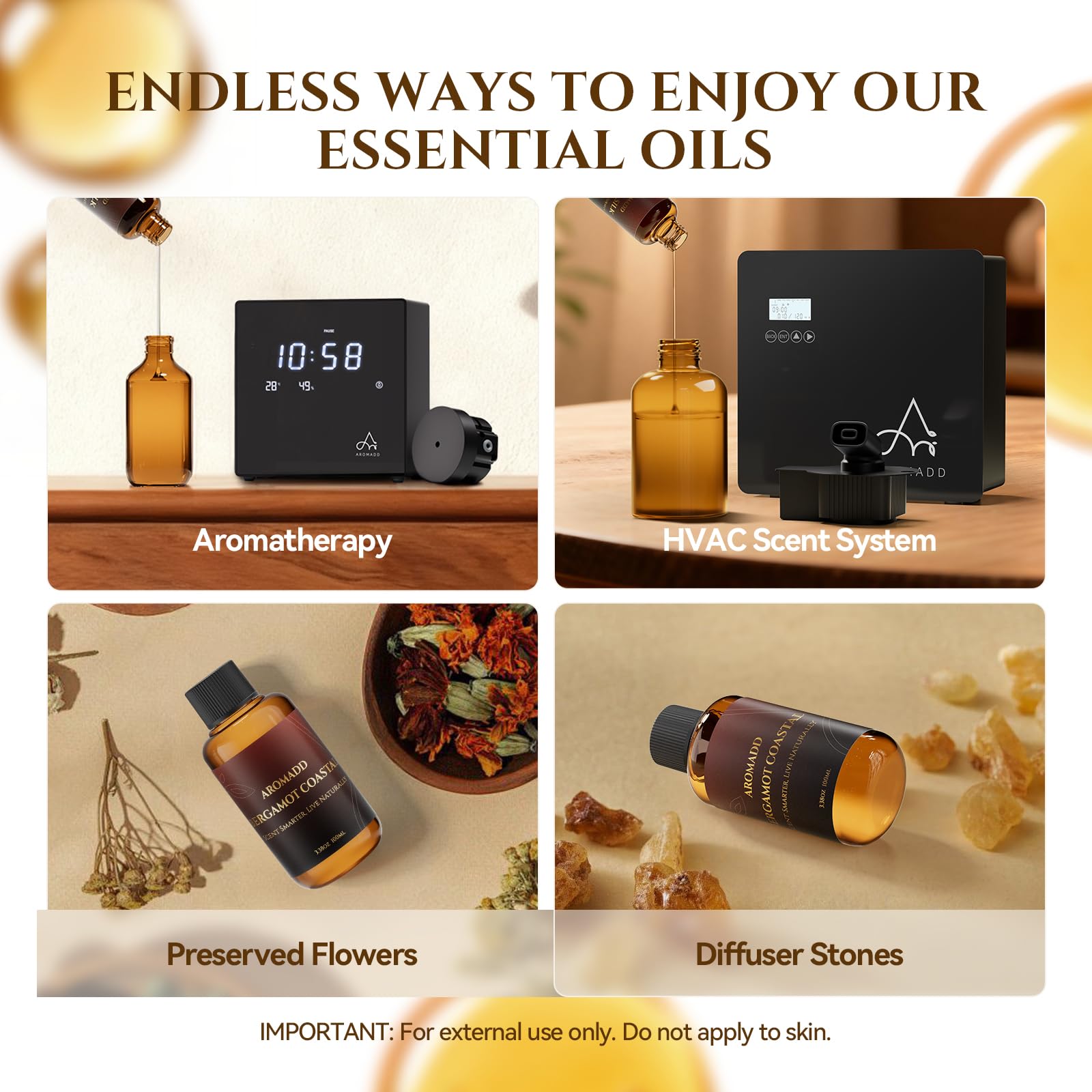 Pour action shot of Aromadd Bergamot Coastal diffuser oil for precise, mess-free fragrance release.
