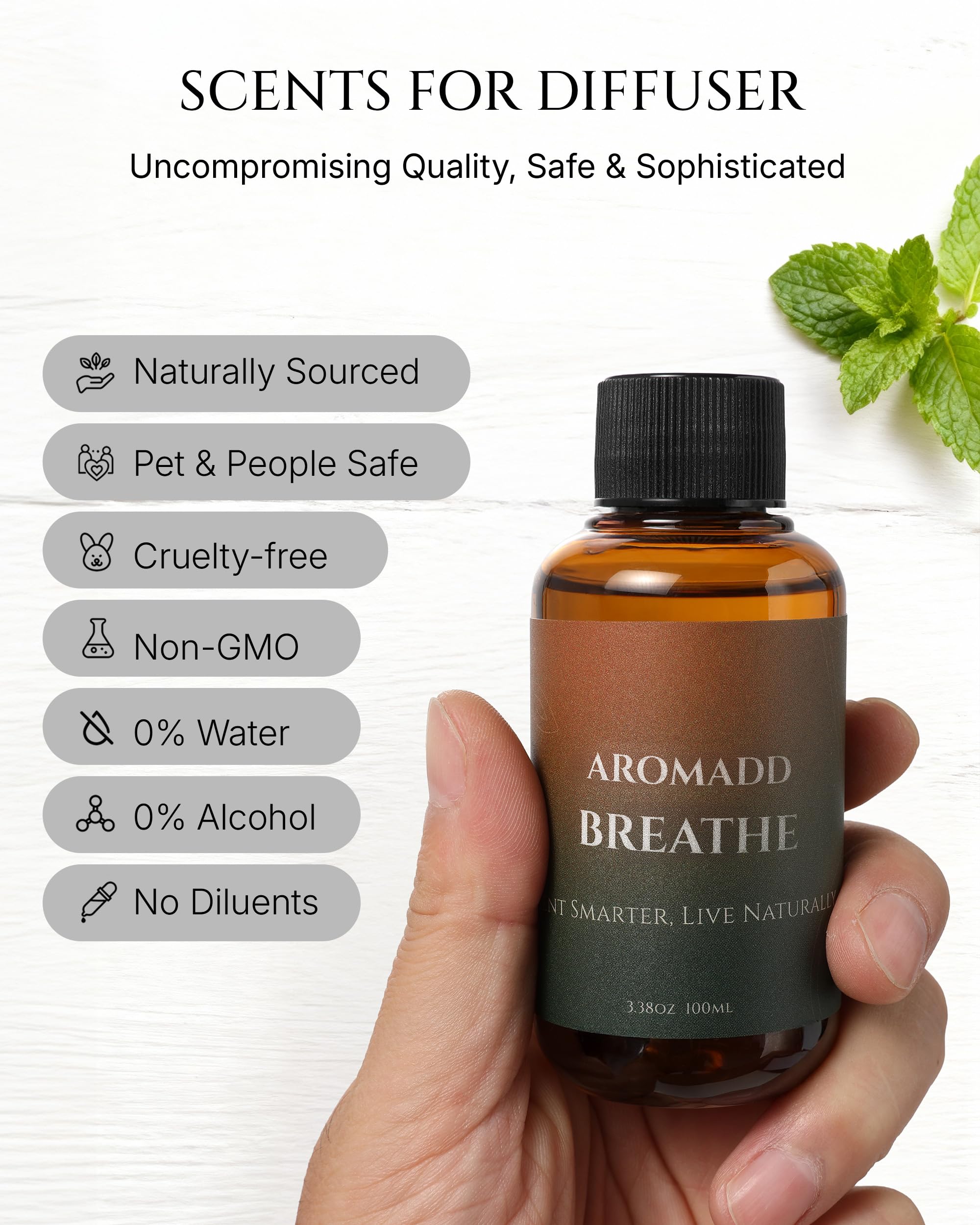 AROMADD Breathe Diffuser Oil on a desk setup for a gentle focus and fresh air.