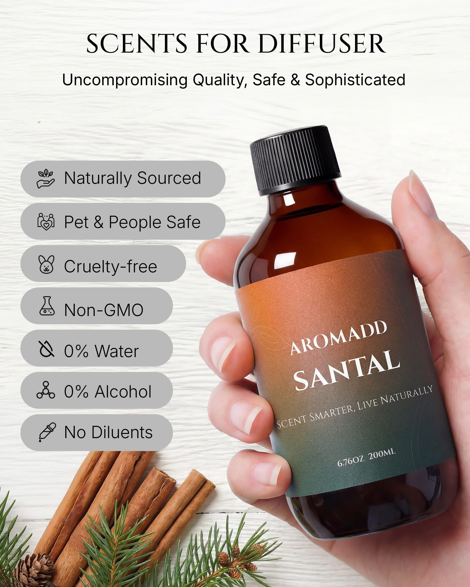 Aromadd Santal base notes of musk and amber create lasting serenity.