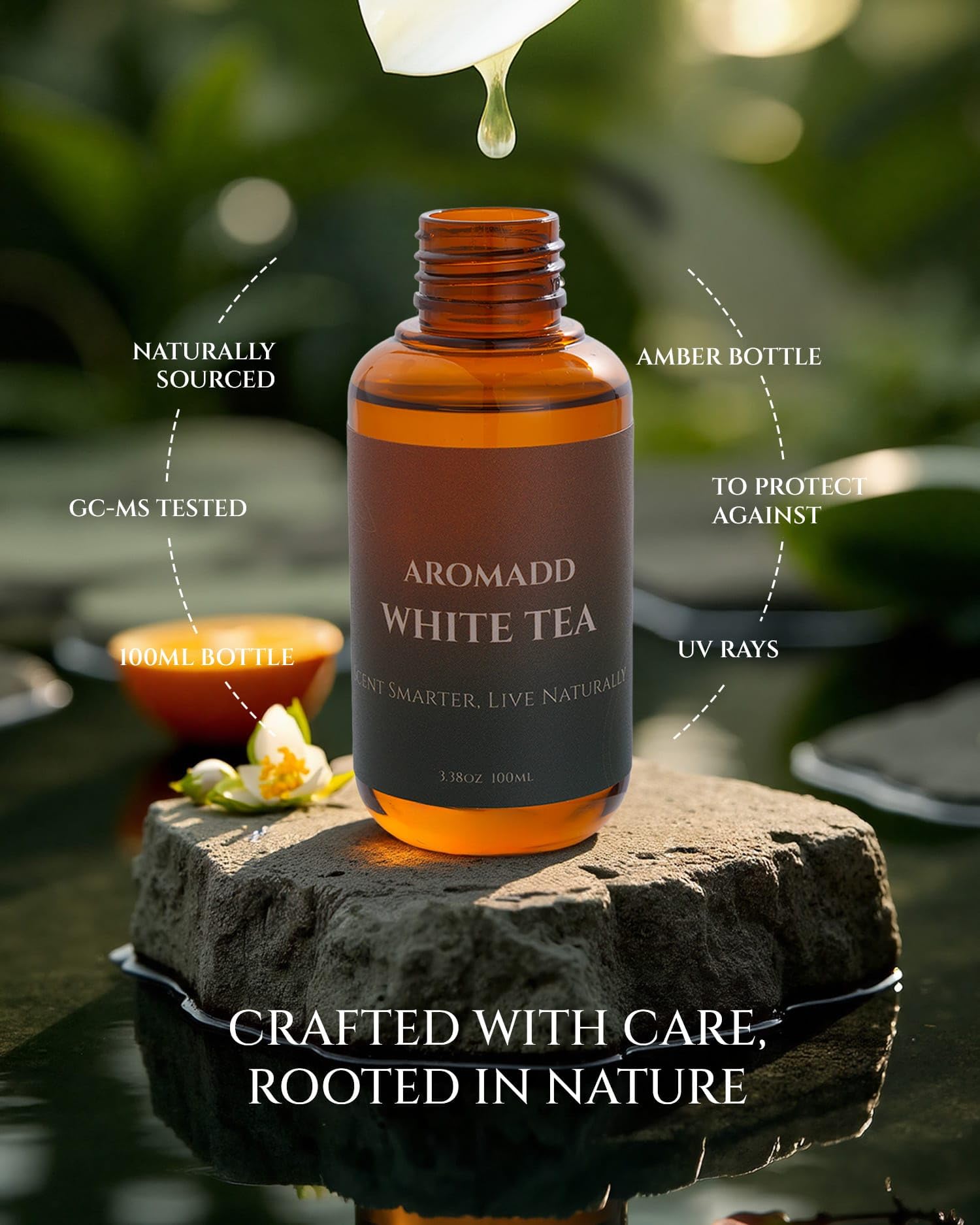 Aromadd White Tea heart notes with rose and tea leaf for depth.