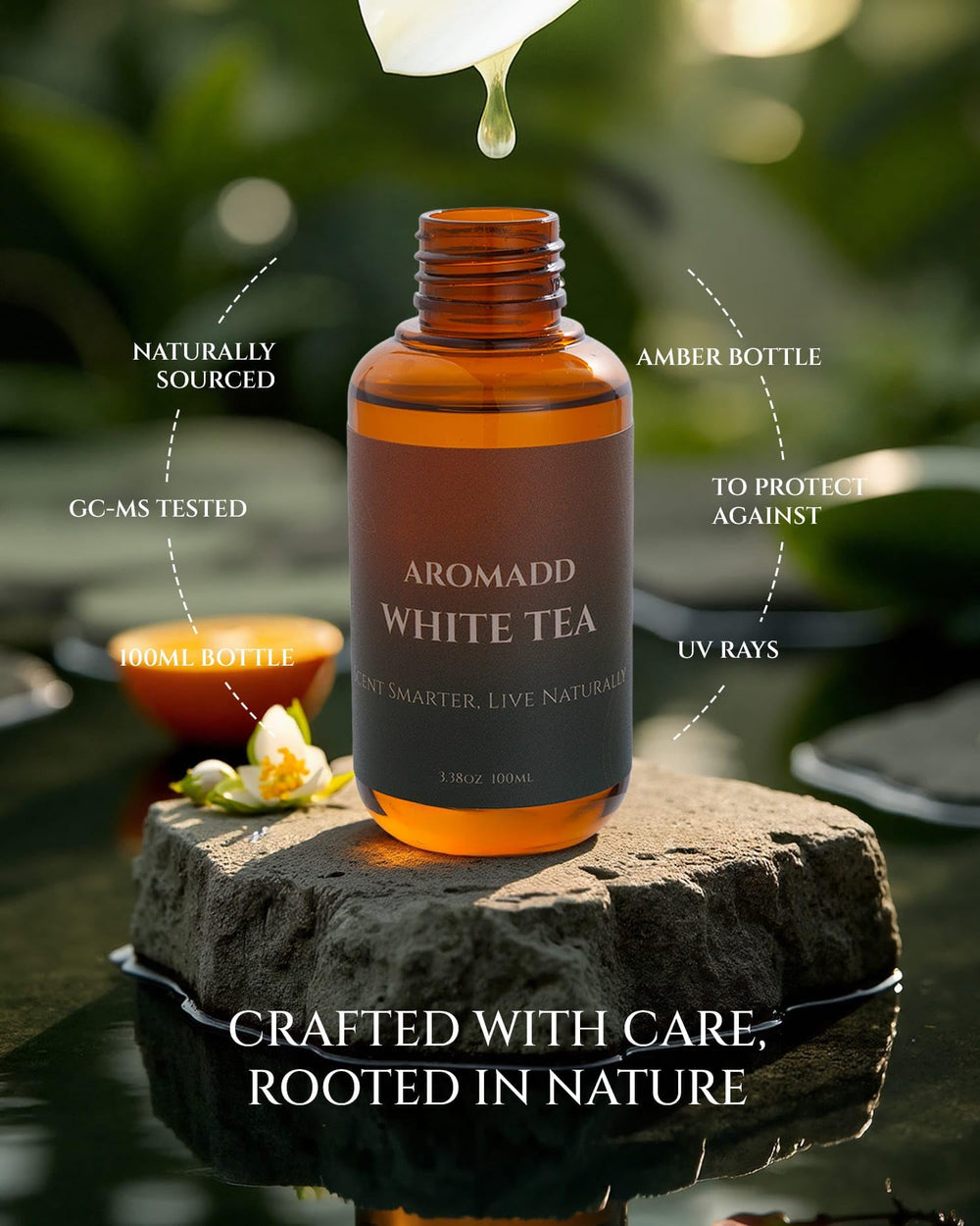 Aromadd White Tea heart notes with rose and tea leaf for depth.