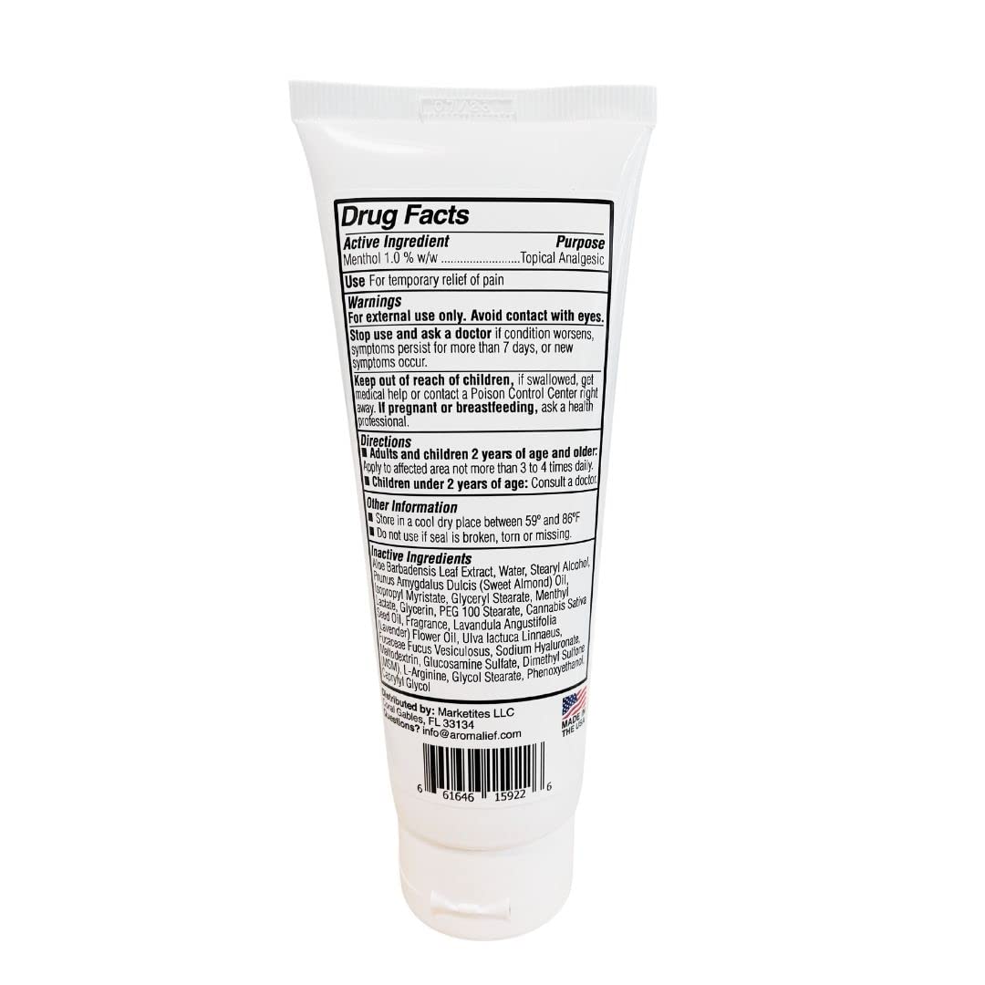 Aromalief Lavender Relief Therapy Cream label shows cruelty-free and paraben-free claims