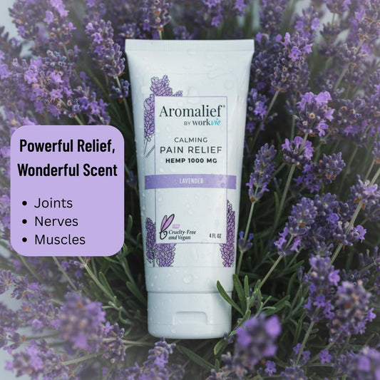 Aromalief Lavender Relief Therapy Cream swatch shows silky, non-greasy texture for easy massage