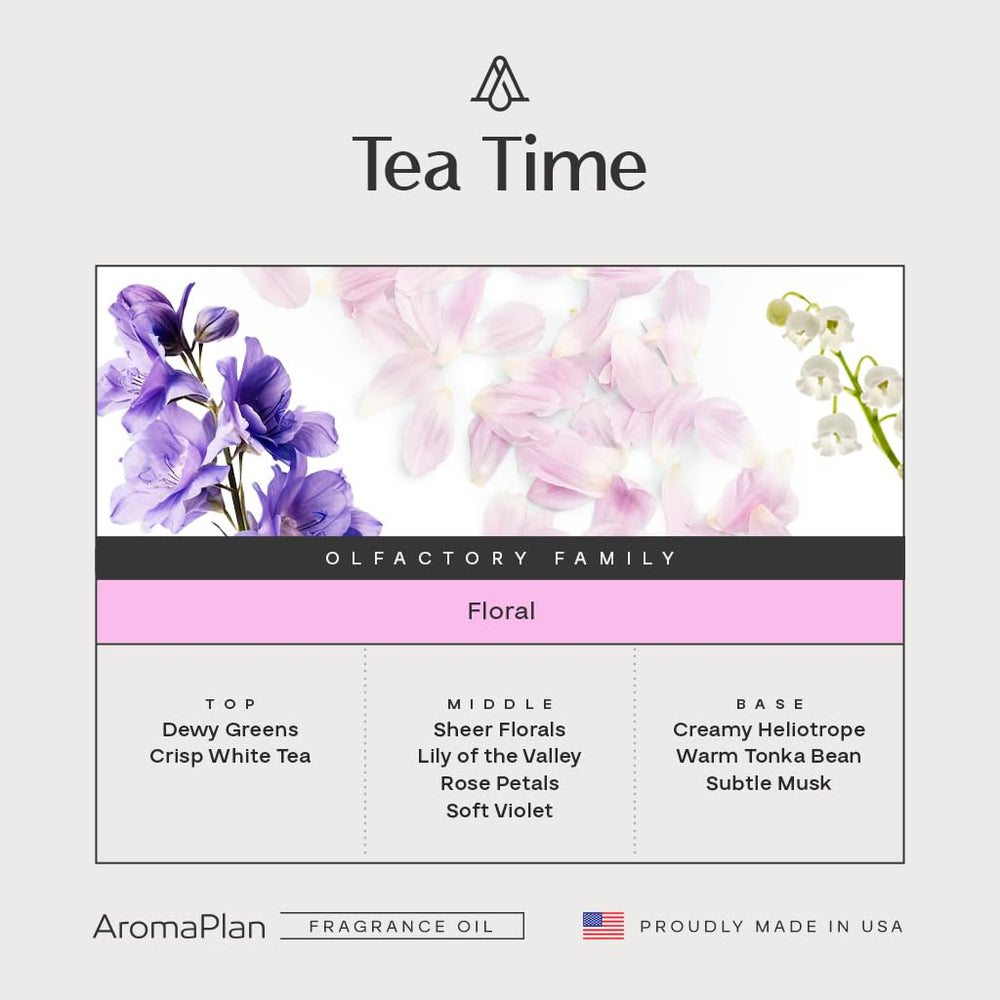AROMAPLAN Tea Time diffuser setup promoting a five-star fragrance at home.