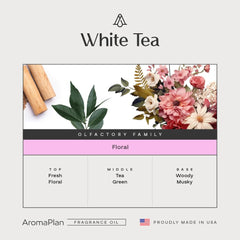 AROMAPLAN White Tea bottle label closeup with clear branding and ingredients note