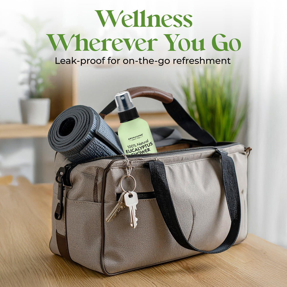Aromasong travel-size eucalyptus spray displayed, convenient wellness on the go.