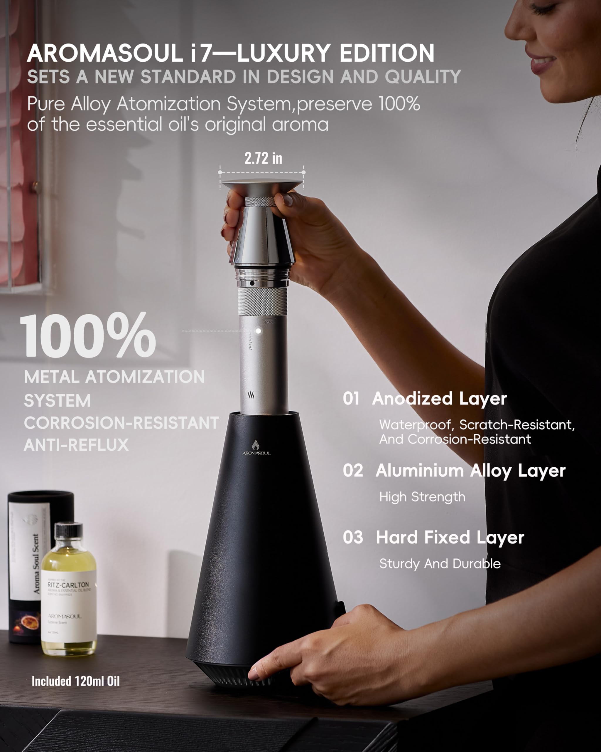 AROMASOUL alloy atomization system closeup reveals precise dry diffusion.