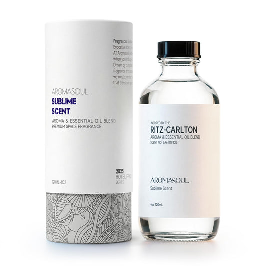 AROMASOUL hotel diffuser oil bottle inspired by Ritz-Carlton scent for luxurious rooms.