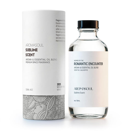 AROMASOUL Romantic Encounter bottle closeup for premium hotel diffuser vibes and refined ambiance.