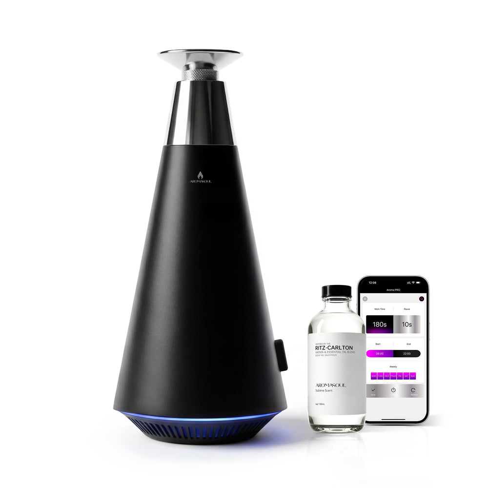 AROMASOUL waterless diffuser front view shows premium alloy build and ambient glow.
